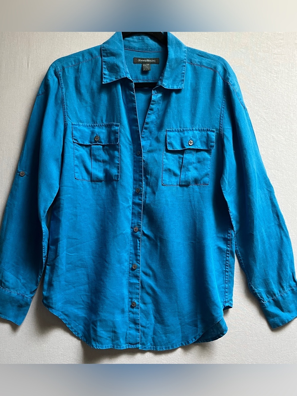 Tommy Bahama 100% Linen Turquoise Blue Long-Sleeve Button-Up Shirt Sz XS